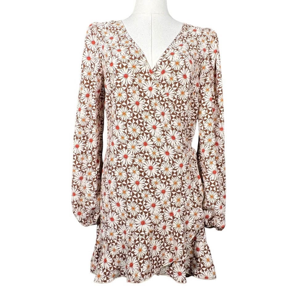 Altar'd State Daisy Floral Faux Wrap Brown Mini Dress Long Sleeve Medium